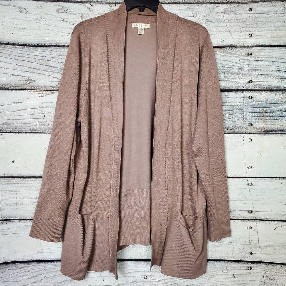 Spense Woman Taupe Open Front Cardigan Plus Size 1X Long Sleeve Pockets